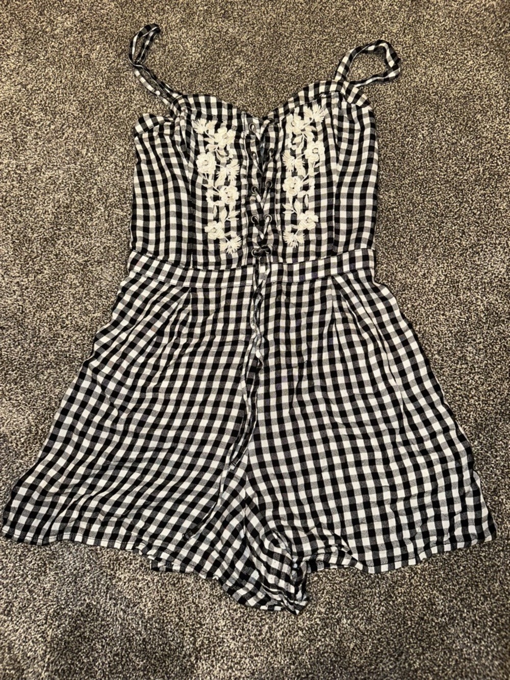 Hollister Black & White Gingham Embroidered Romper
